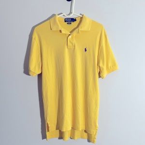 Polo shirt yellow small w/ purple polo logo